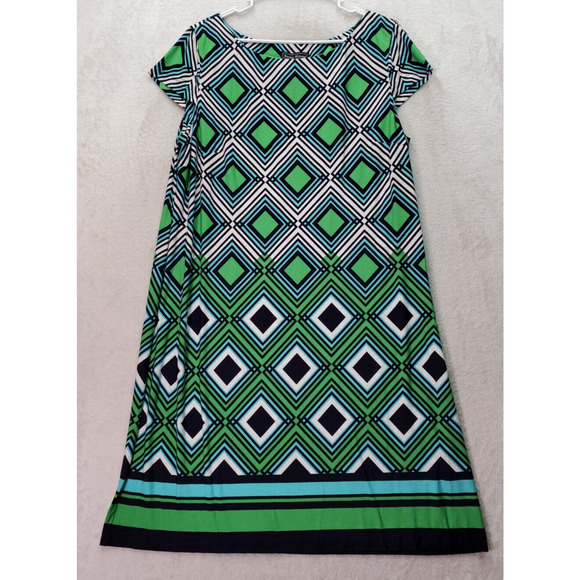 Jessica Howard Shift Dress Womens 2XL Blue Green Geo Print Cap Sleeve Round Neck - Picture 1 of 7